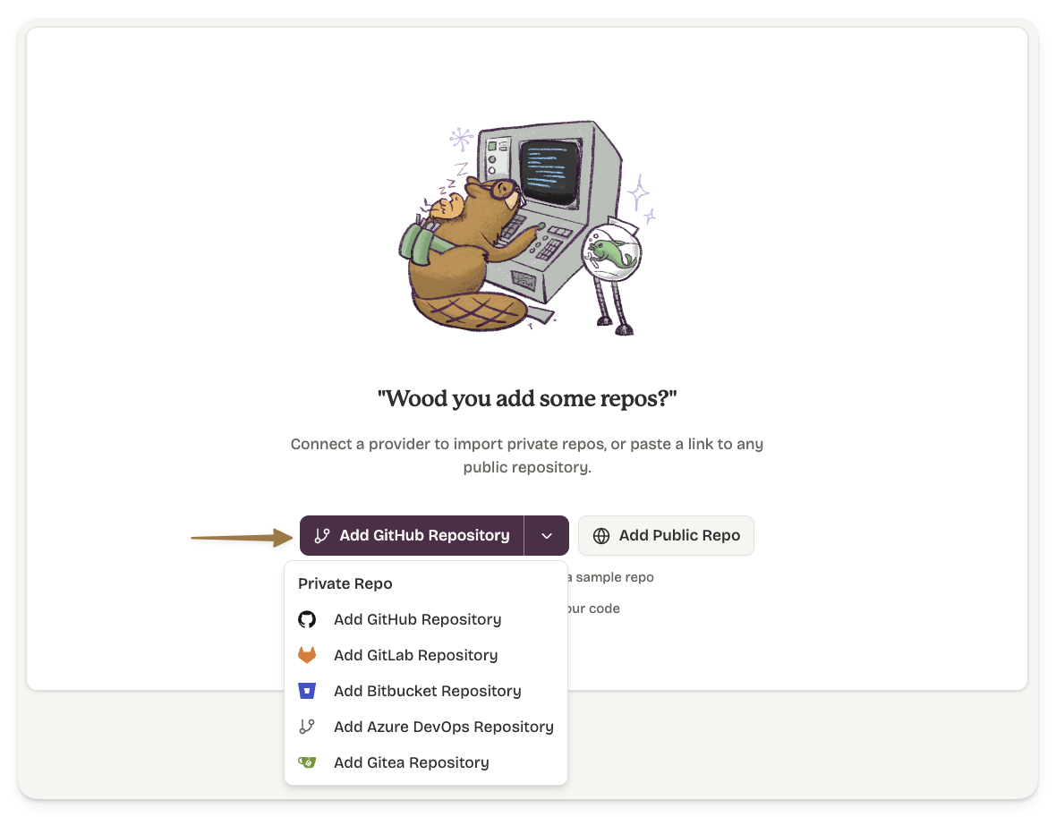 Add repository dialog. Choose your provider or add a public repo by URL.