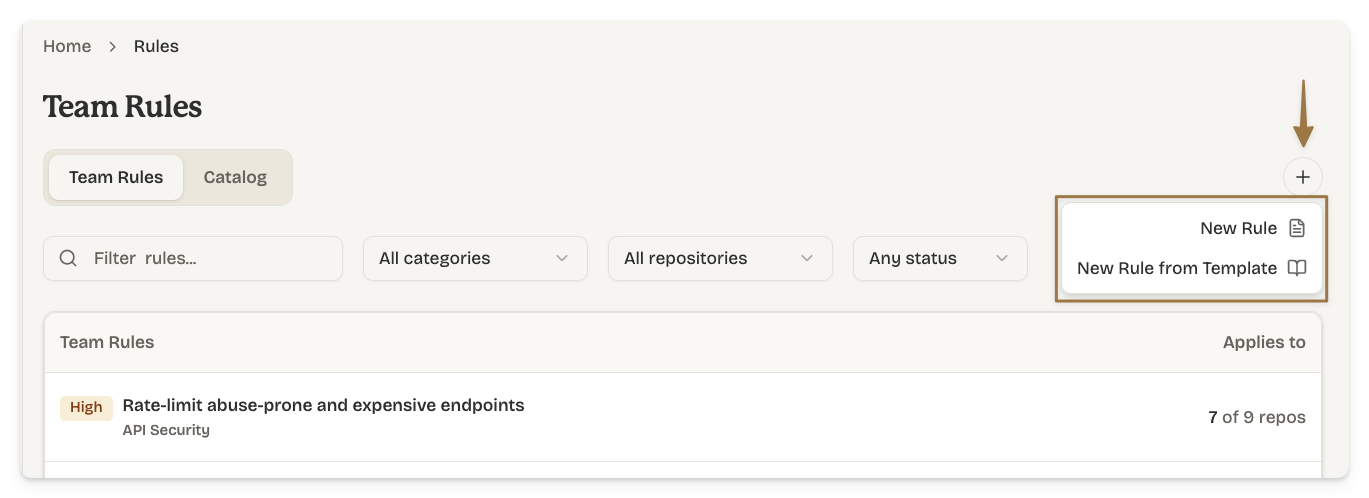 Add Rule dialog showing the catalog browser and fresh rule entry point.