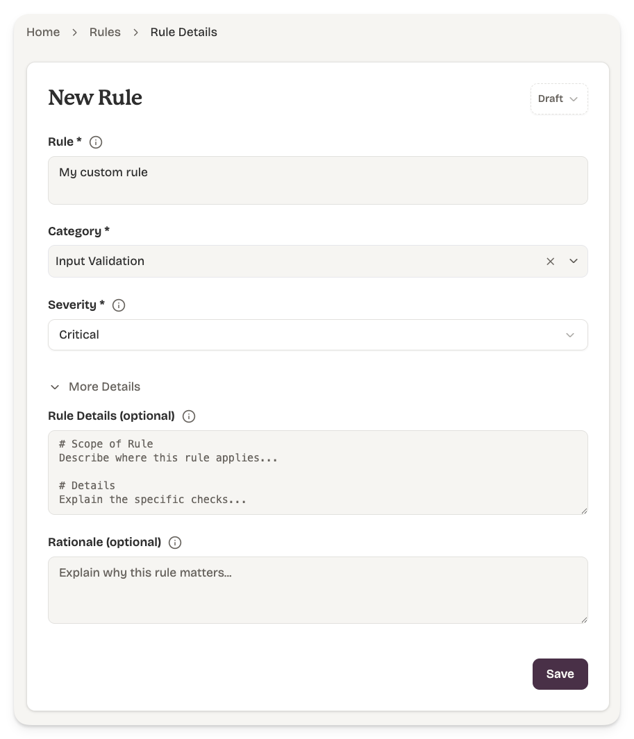 Rule editor with title, details, severity, category, and status fields.