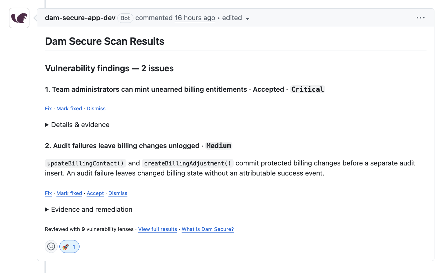 Dam Secure GitHub PR comment with two vulnerability findings, including Accept, Fix, Mark fixed, and Dismiss actions.
