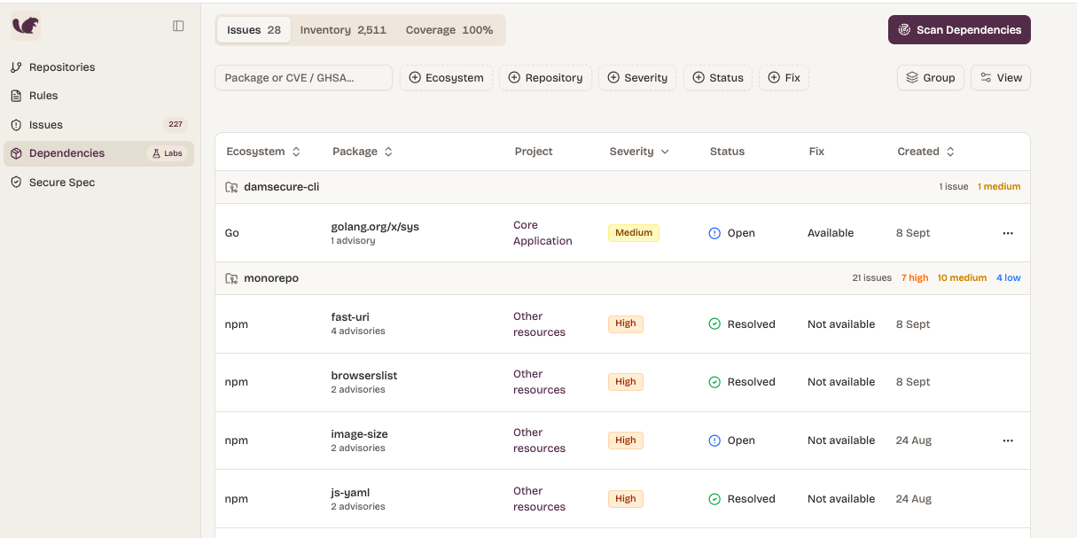 The Dependencies screen, open on the Issues tab, with issues grouped by repository.