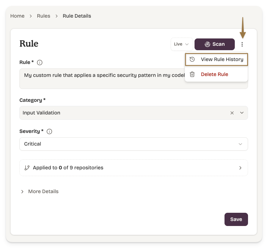 Team Rules page with a rule selected for editing.