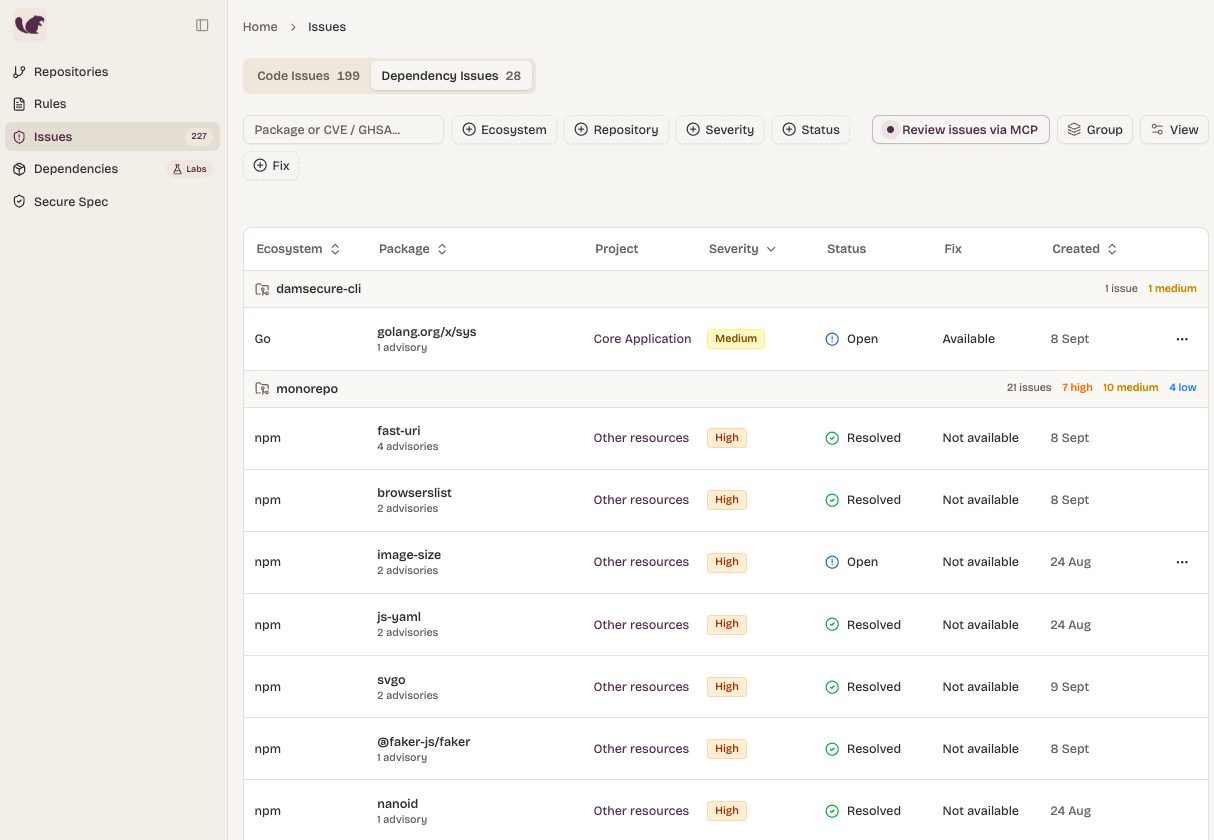 The Dependency Issues tab, grouped by repository, with each group's issue and severity counts.