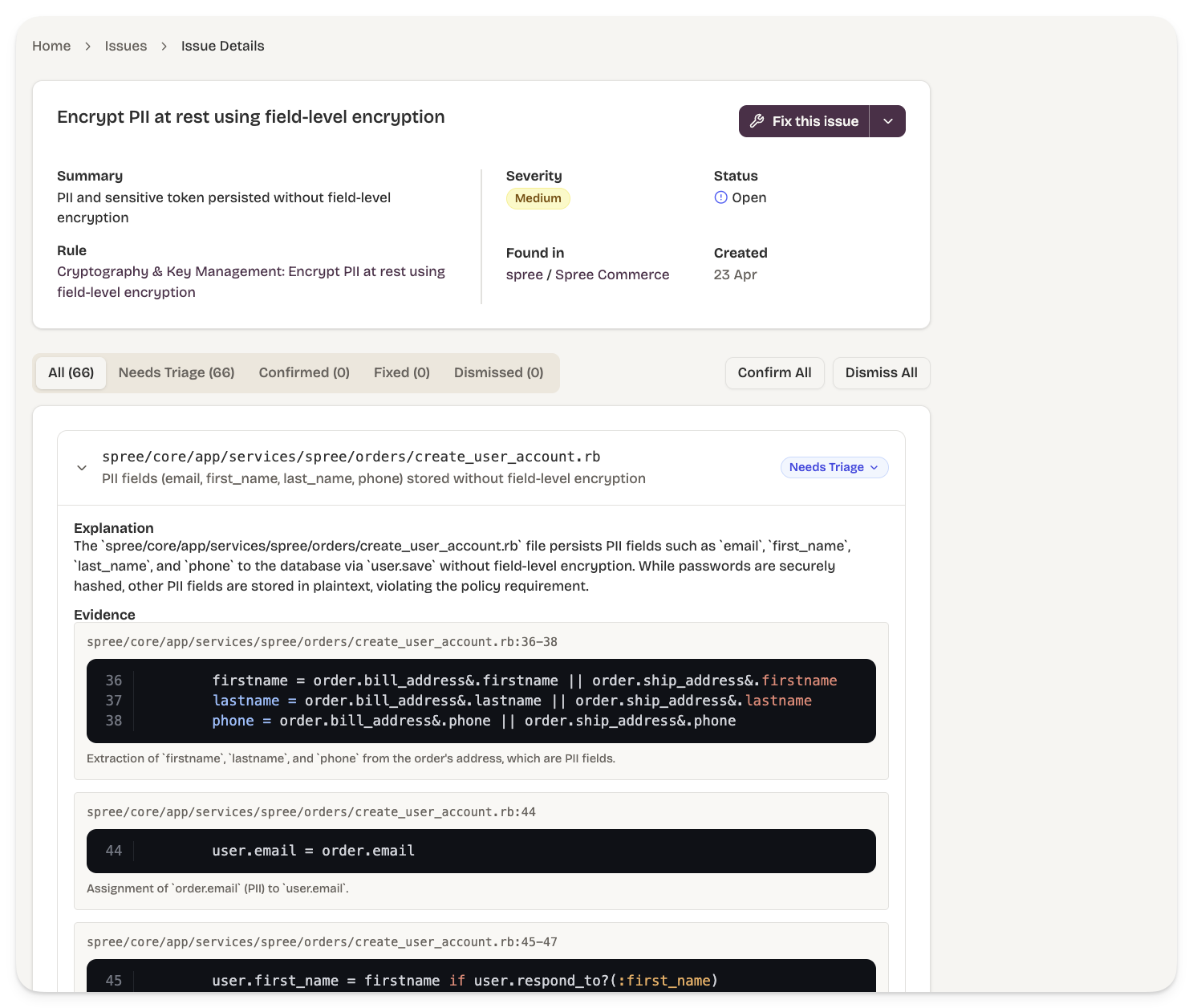 Issues view showing an issue and its associated sub-issues with file/line locations