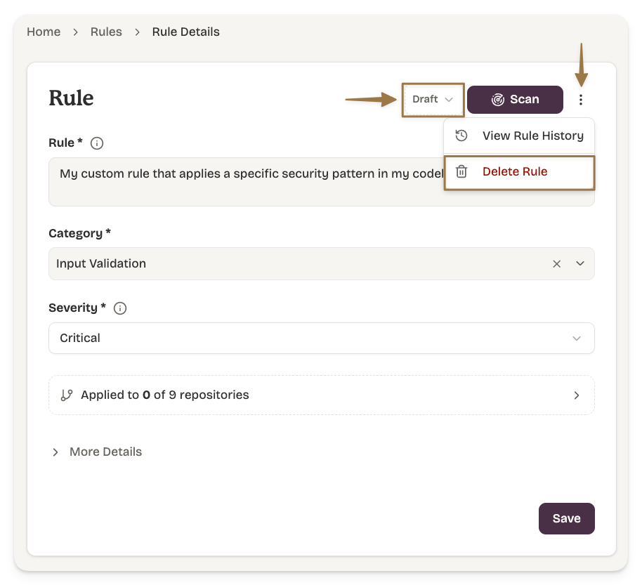 Delete or set-to-draft controls on the Rule detail page.