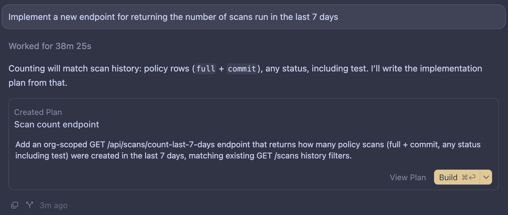A coding agent creates a plan for an organization-scoped scan count endpoint.