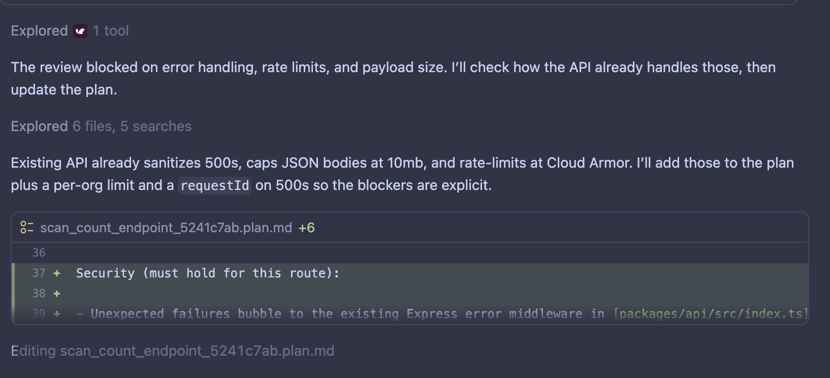 The agent revises its plan after security review flags error handling, rate limits, and payload size.
